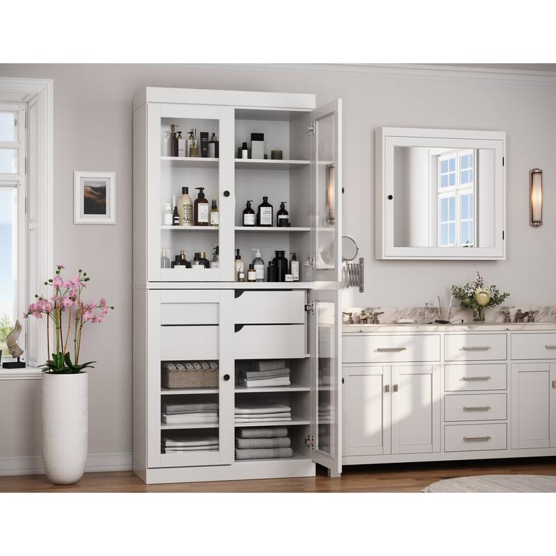 Palace Imports 100% Solid Wood 32" Bathroom Cabinet with Clear Glass Doors, 2-Drawers and Adjustable Shelves - White