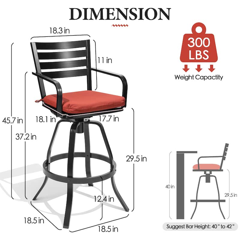 Outdoor Patio Aluminum Swivel Bar Stools Set with Sunbrella Cushion - 18.5 in L x 18.5 in W x 45.7 in H