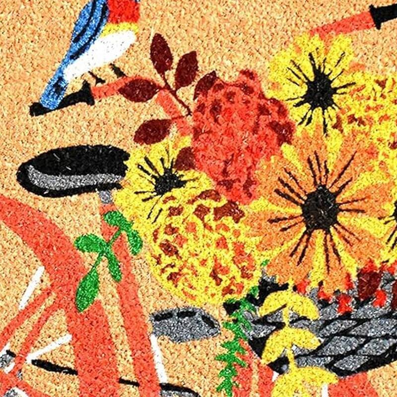 HomeRoots 17" X 29" Brown And Orange Bicycle Floral Hello Outdoor Coir Door Mat - 17.00' X '29.00
