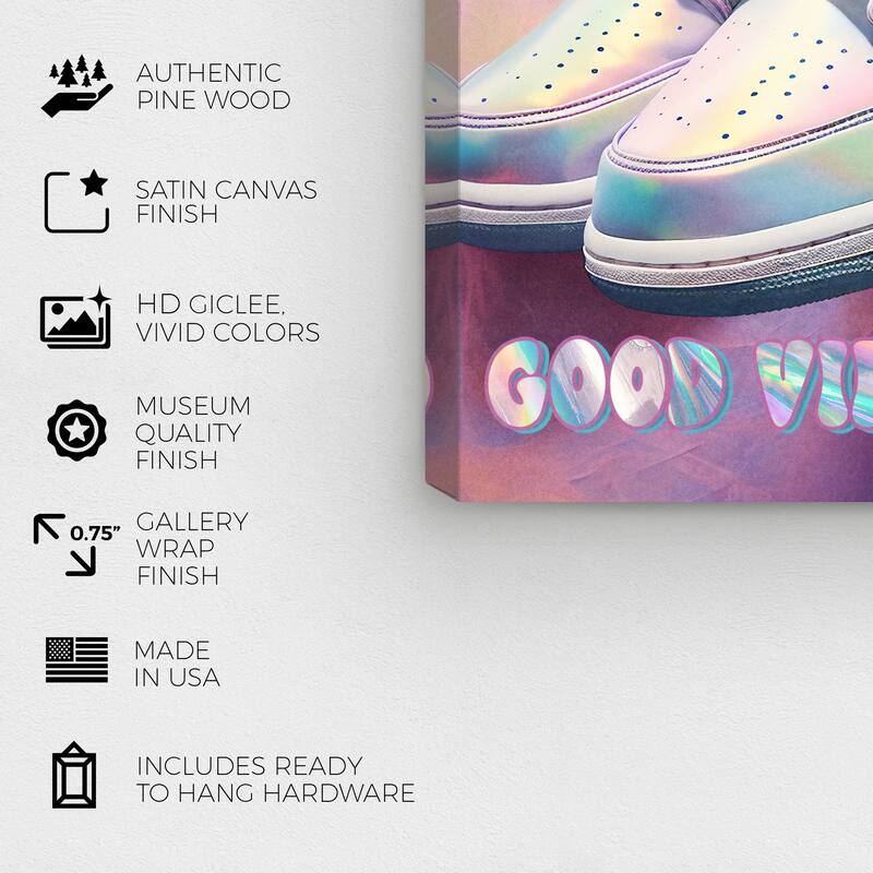 Wynwood Studio Fashion and Glam Good Vibes Sneakers Purple and Light Blue Modern & Contemporary Wall Art Canvas Print