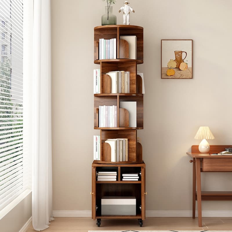 Anmytek 360 Rotating Corner Bookshelf with Wheels Space Saving Storage for Small Rooms