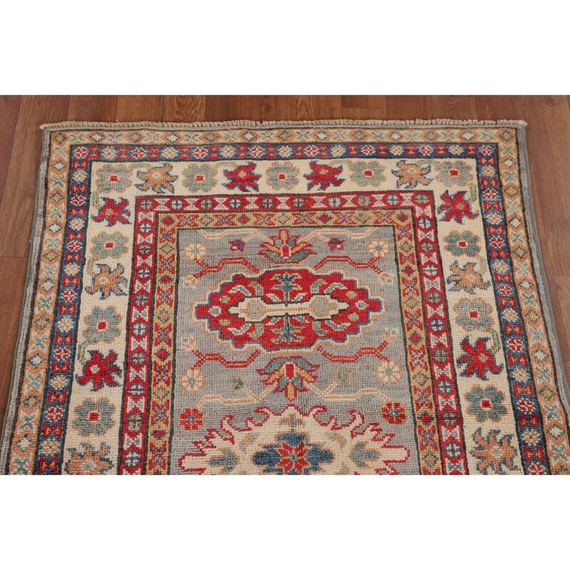 Geometric Kazak Accent Rug Bedroom Hand-Knotted Wool Carpet - 2'9" x 4'1"