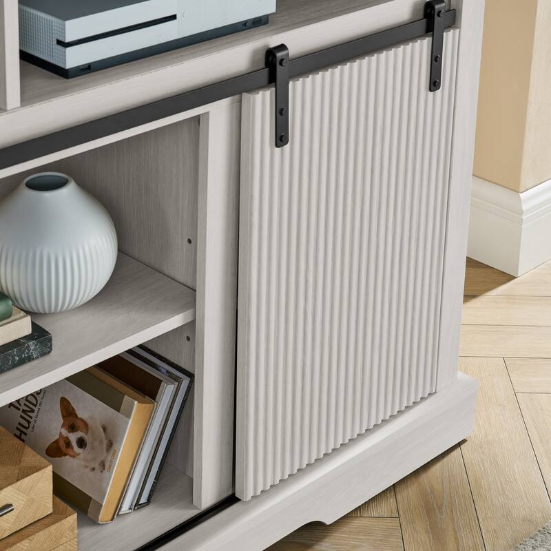 Rustic Sliding Barn Door TV Stand with Upper Lower Storage Shelf and Adjustable Shelves for Living Room