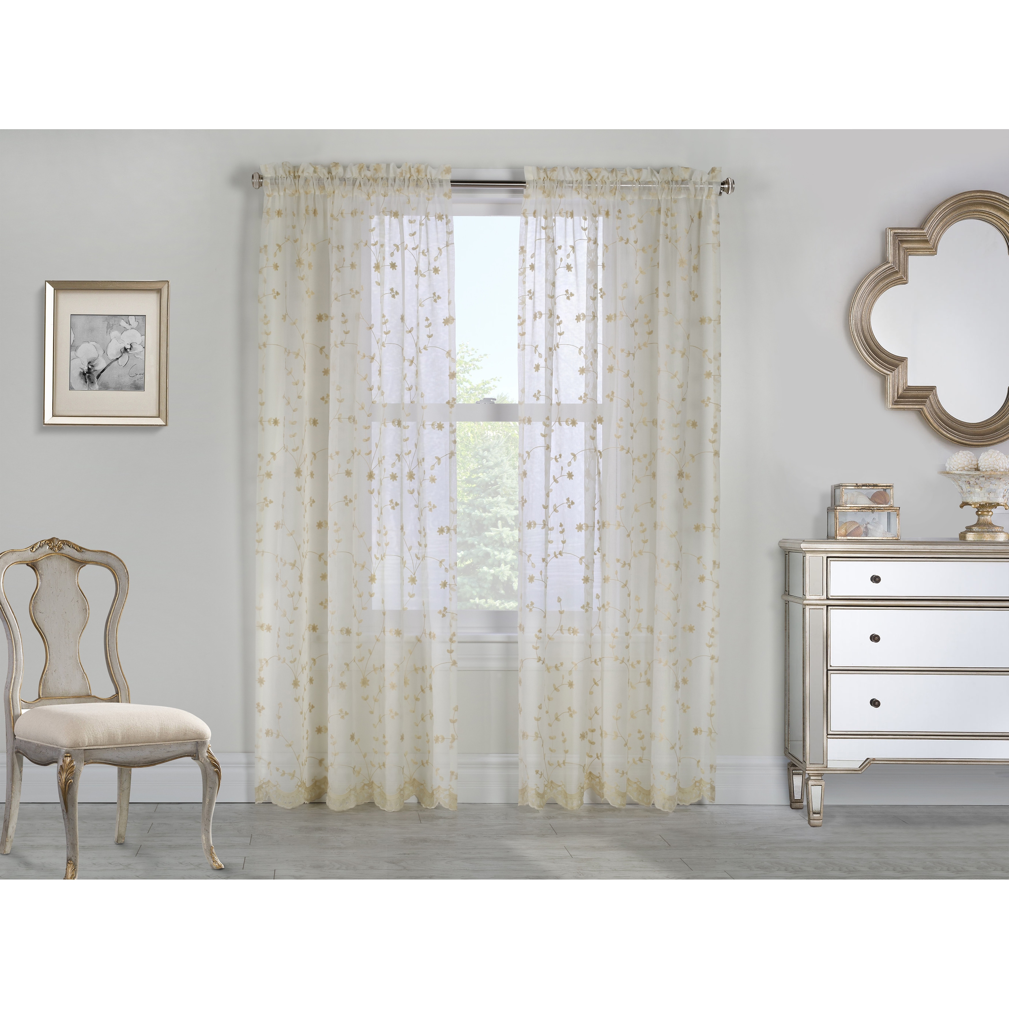 Grandeur Embroidered Sheer Curtain Valance and Tiers with Scallop Detail