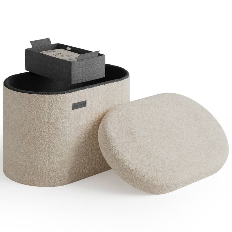 Emperyan Storage Bench for Living Room, Small Ottoman Foot Rest - Beige - Oval - 18"