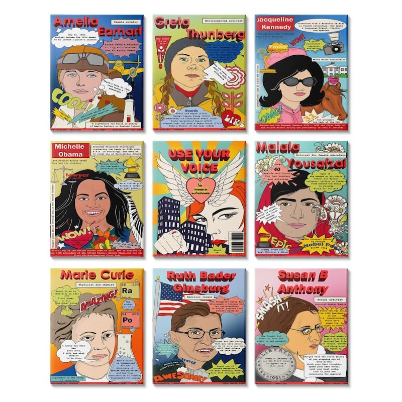 Stupell Female Leaders Mock Magazine Cover Iconic Women Facts 9 Piece Canvas Wall Art Set Design By Sangita Bachelet - 11 x 14