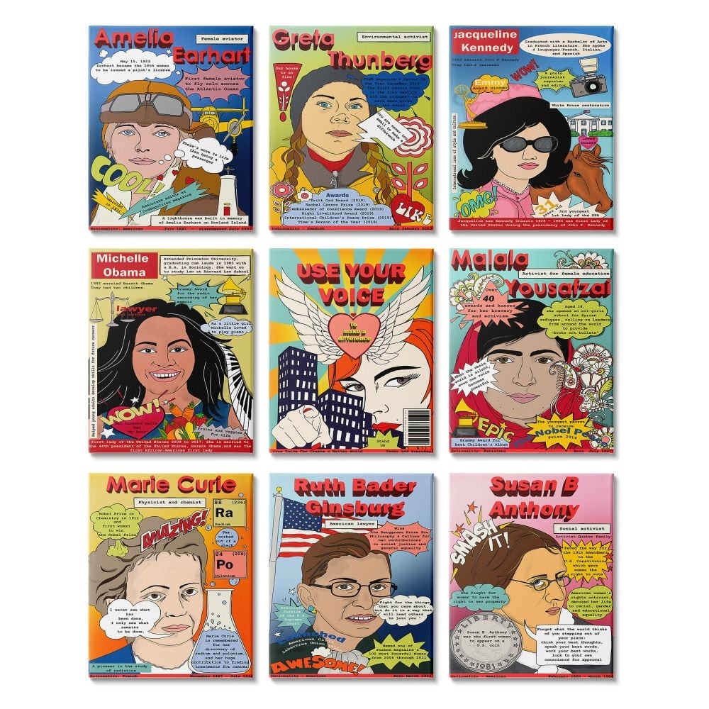 Stupell Female Leaders Mock Magazine Cover Iconic Women Facts 9 Piece Canvas Wall Art Set Design By Sangita Bachelet