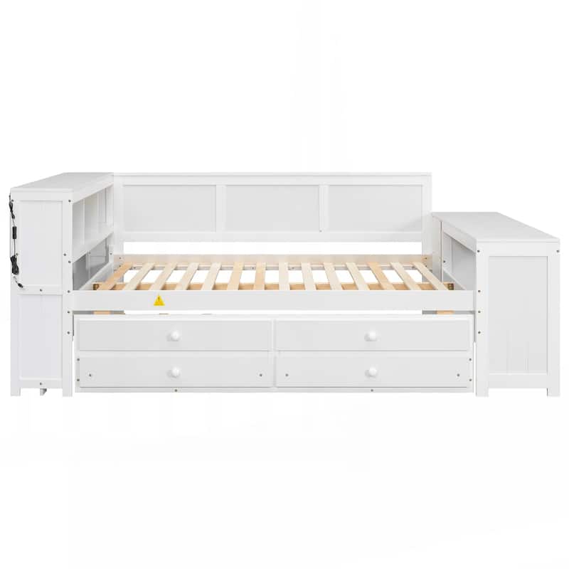 Full Size Daybed with Storage Shelves,Drawers,Trundle,Charging Station,LED Light
