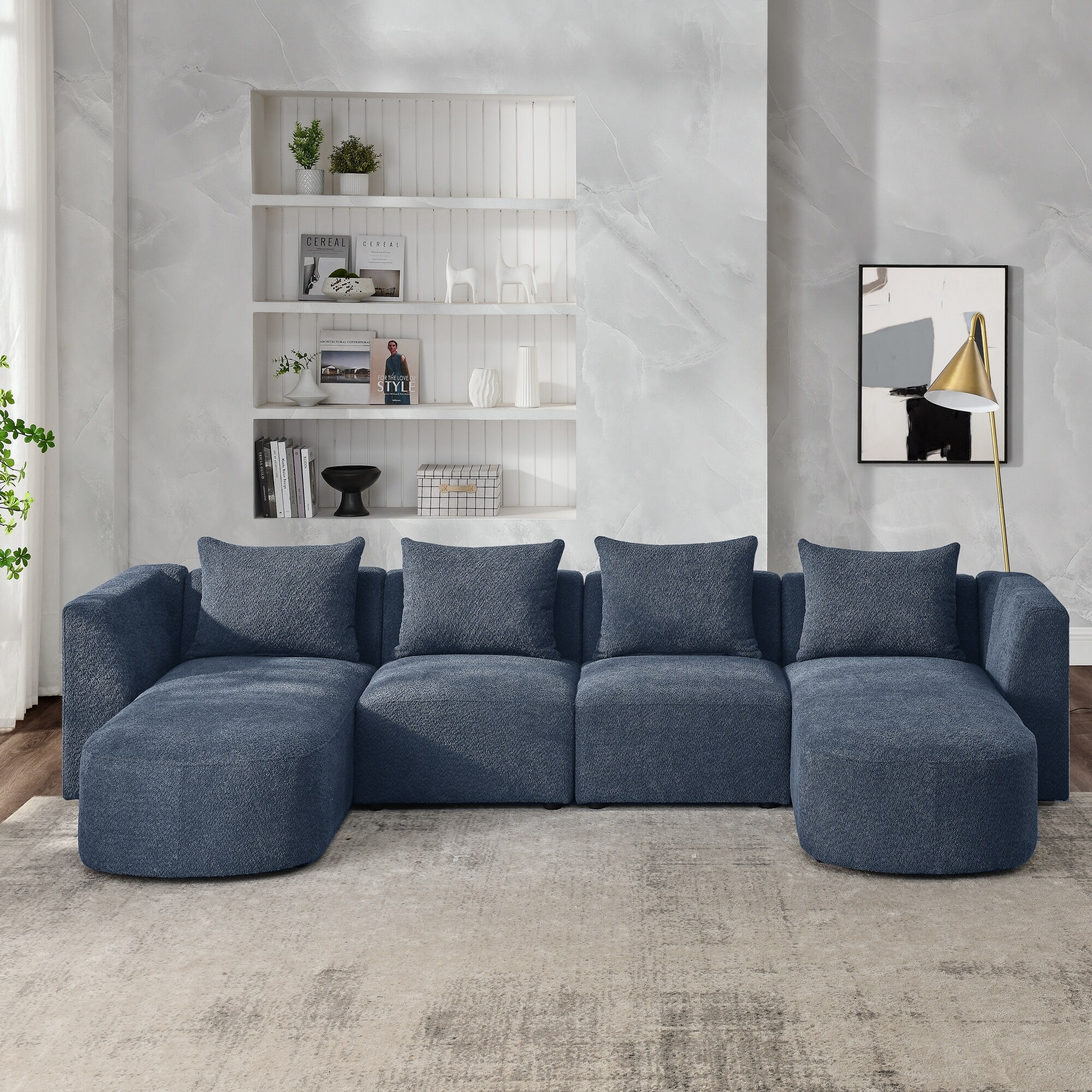 Navy U-Shape Sectional Sofa with Round Chaises & Single Seats