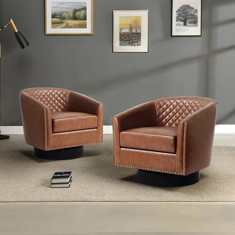 2 Set Tufted PU Vegan Leather Swivel Barrel Chair with Nailheads Trim