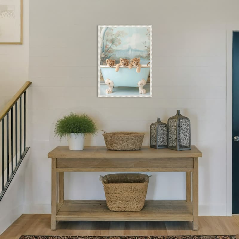 Blue Lagoon Lion Cubs by Niky Rahner Framed Canvas Wall Art
