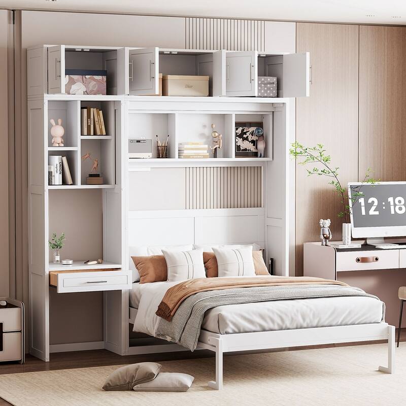 Wall Murphy Bed with Desk, Top Cabinet and Storage Shelves - White - Full