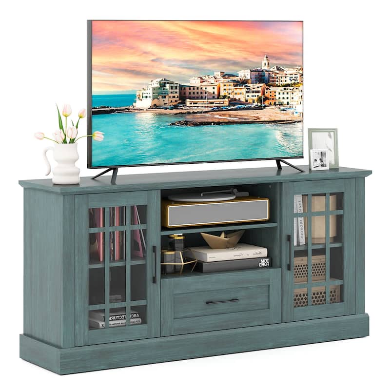 Costway Farmhouse TV Stand for TVs up to 70" Media Center with Glass - See Details - Blue