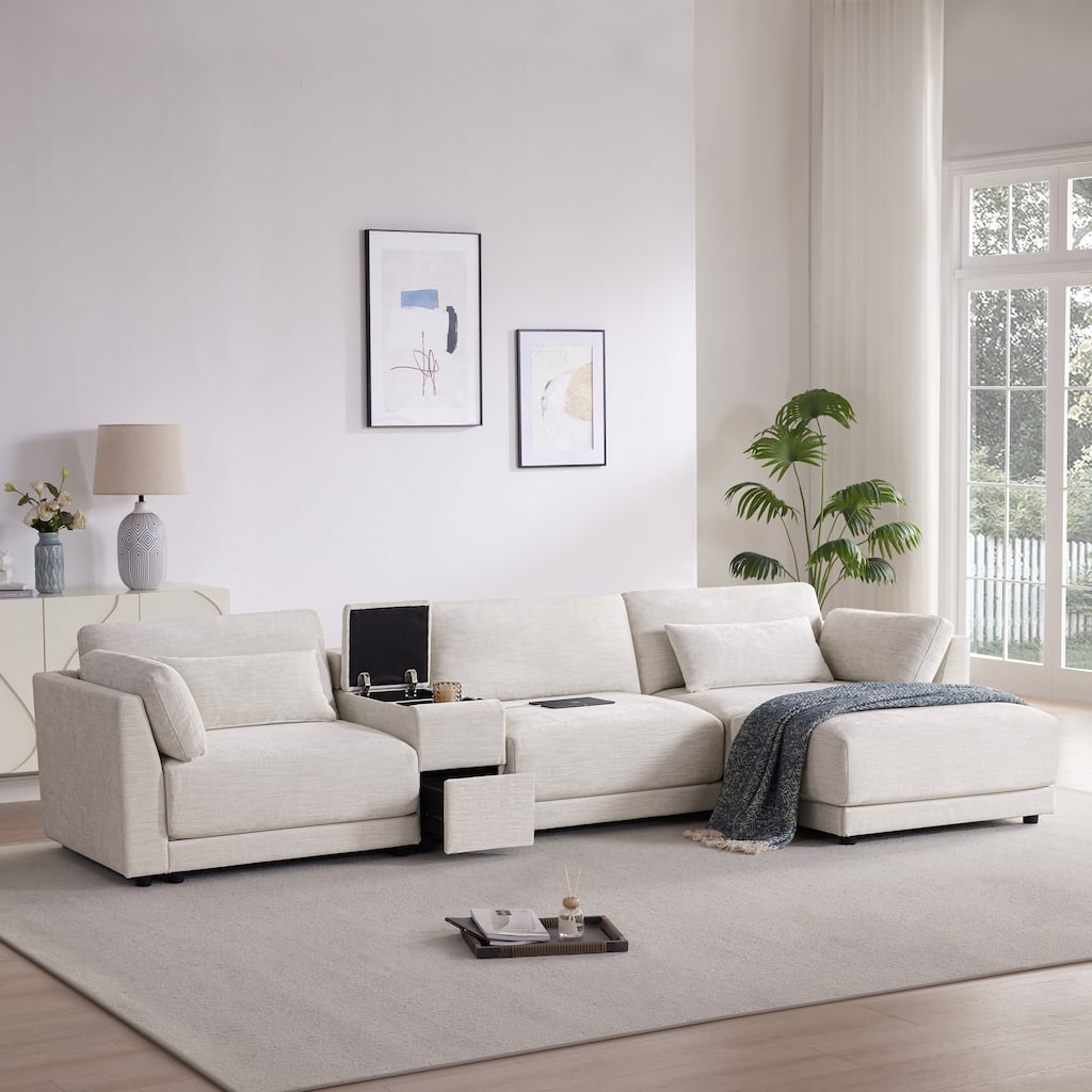 124'' Modular Sectional Sofa with Storage Console and Movable Ottoman, 4-Seat, Chenille, Beige