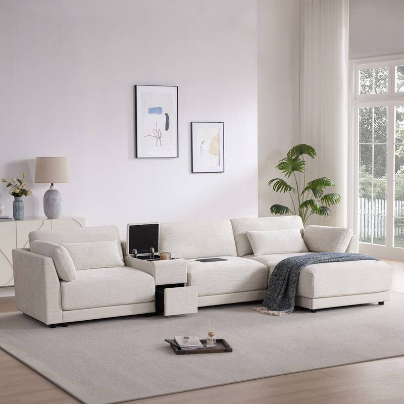 L Shaped Modular Sectional Sofa with Storage Console, Ottoman, USB