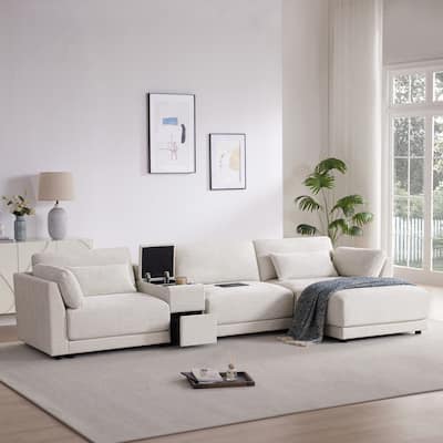 Modern Sectional Sofa with Extra Wide Seats and Charging Console and Storage Ottoman for Living Room or Guest Room