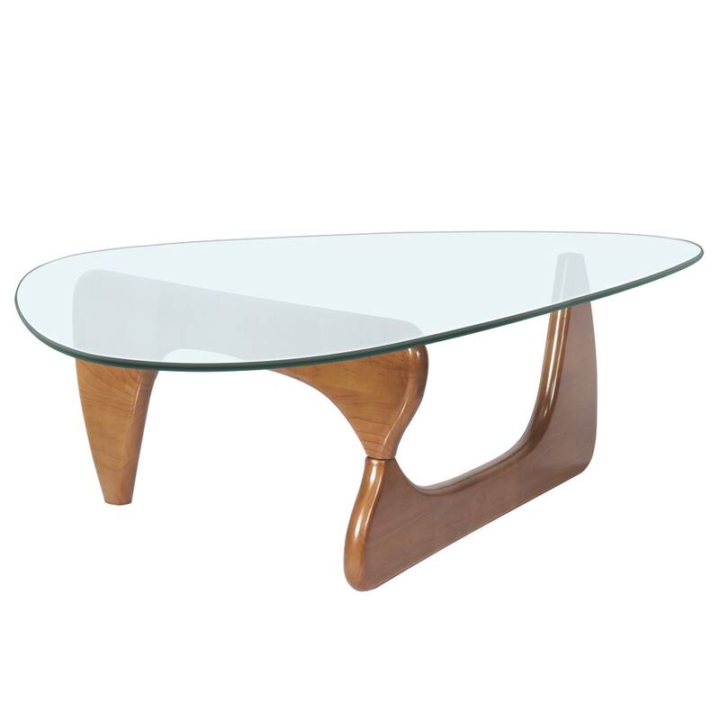 Triangle Glass Coffee Table with Solid Wood Base for Living Room