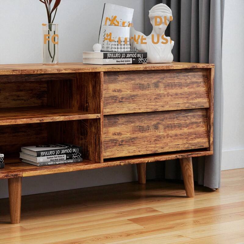 63" Vintage-Style TV Stand with Beveled Design, Media Console with 4 Drawers & 2 Shelves, Solid Wood Legs