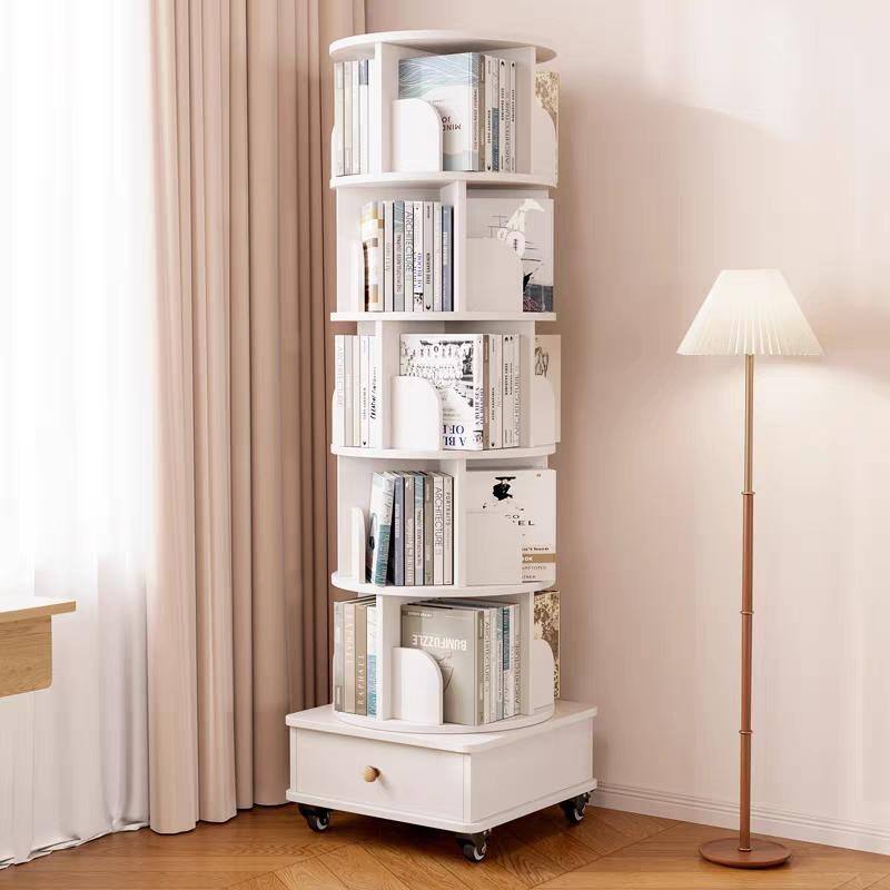 Rotating Bookshelf with Drawer,360 Display 6 Tier Bookshelf,Floor Standing Bookcase Storage Rack,Narrow Book Shelf Organizer
