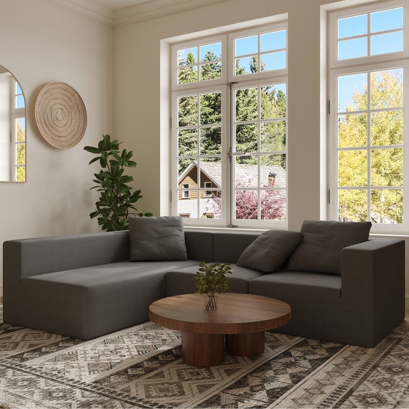 Corduroy Chaise Sectional Couch Convertible into Sleeper Sofa Bed, Deep Seating Modular Compression Sofa for Living Room