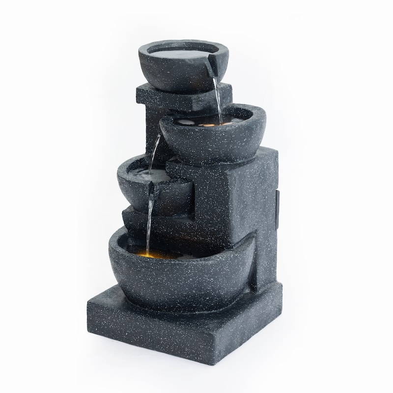 GDFStudio - Terrazzo 29" H Modern Outdoor/Indoor 4-Tier Water Fountain with Cascading Bowls, Stacked Stones Design & LED Lights