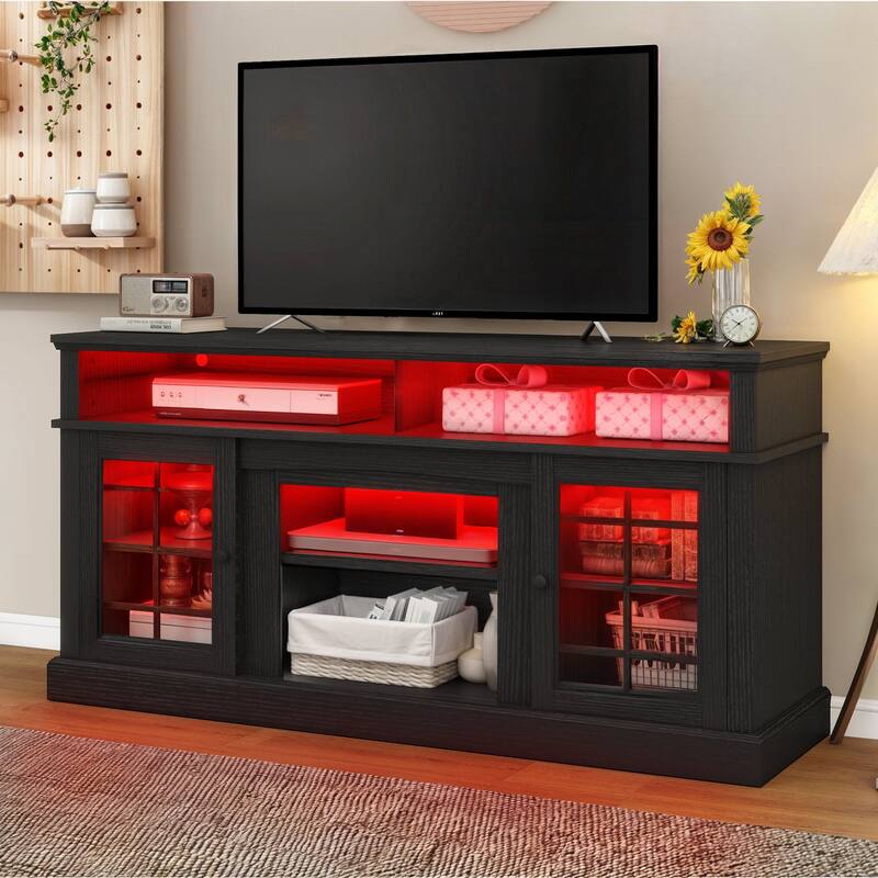 Moasis TV Stand for TVs up to 75" LED Entertainment Center Media Console with Glass Doors - 65"W - Black