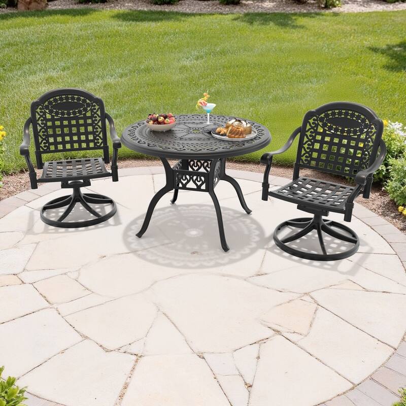 3-Piece Aluminum Round Outdoor Patio Dining Set, 2 Cushioned Swivel Chairs, Table, All-Weather Frames