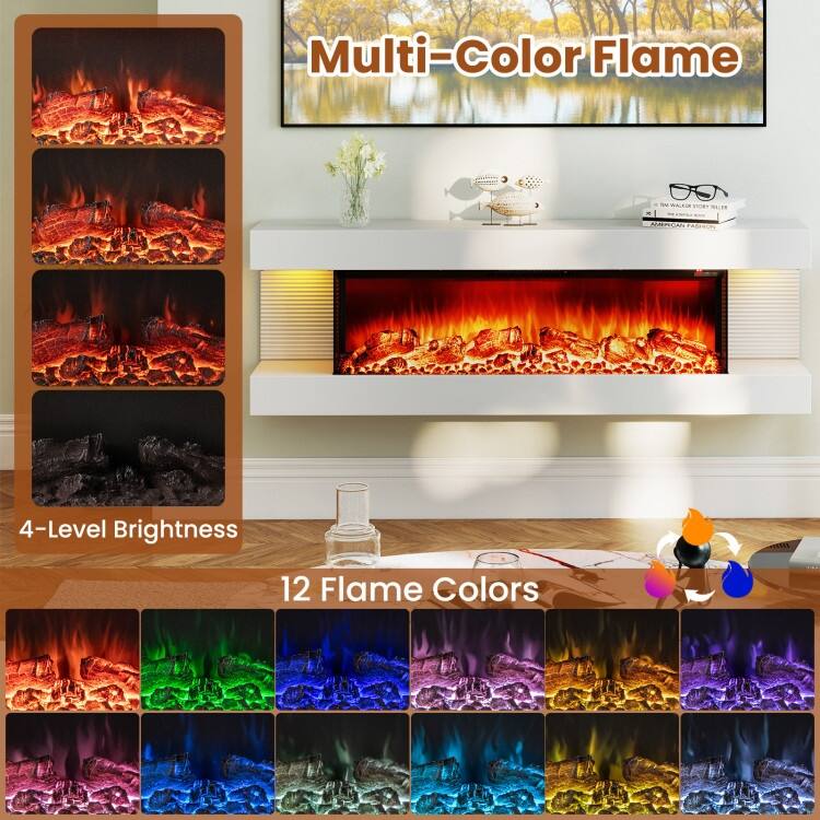 White Wall Mounted Floating Electric Fireplace with and 3-Sided Tempered Glass and Remote Control