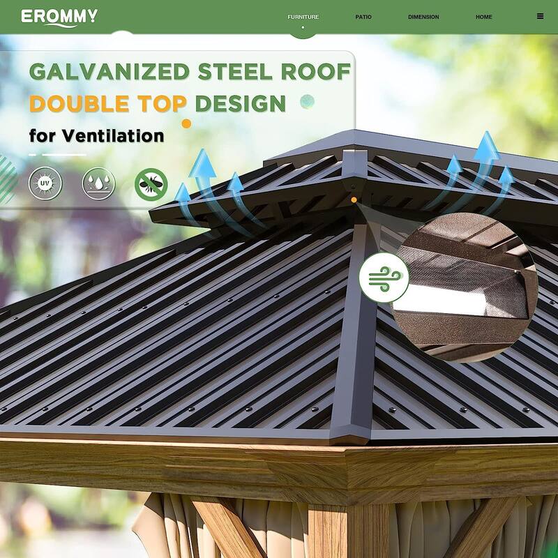 Outdoor Hardtop Gazebo, Wooden Finish Coated Aluminum Frame w Galvanized Steel Double Roof with Premium Curtains and Netting