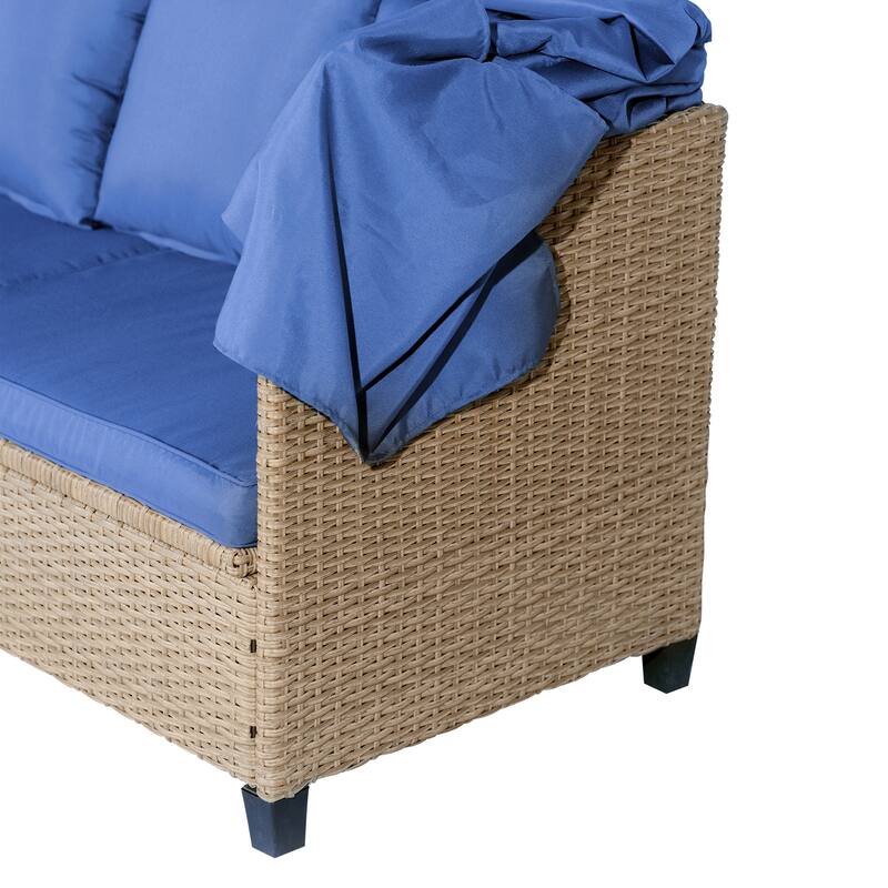 Roomfitters 4-Piece UV-Proof Wicker Patio Sofa Set with Retractable Canopy, Cushions and Lifting Table
