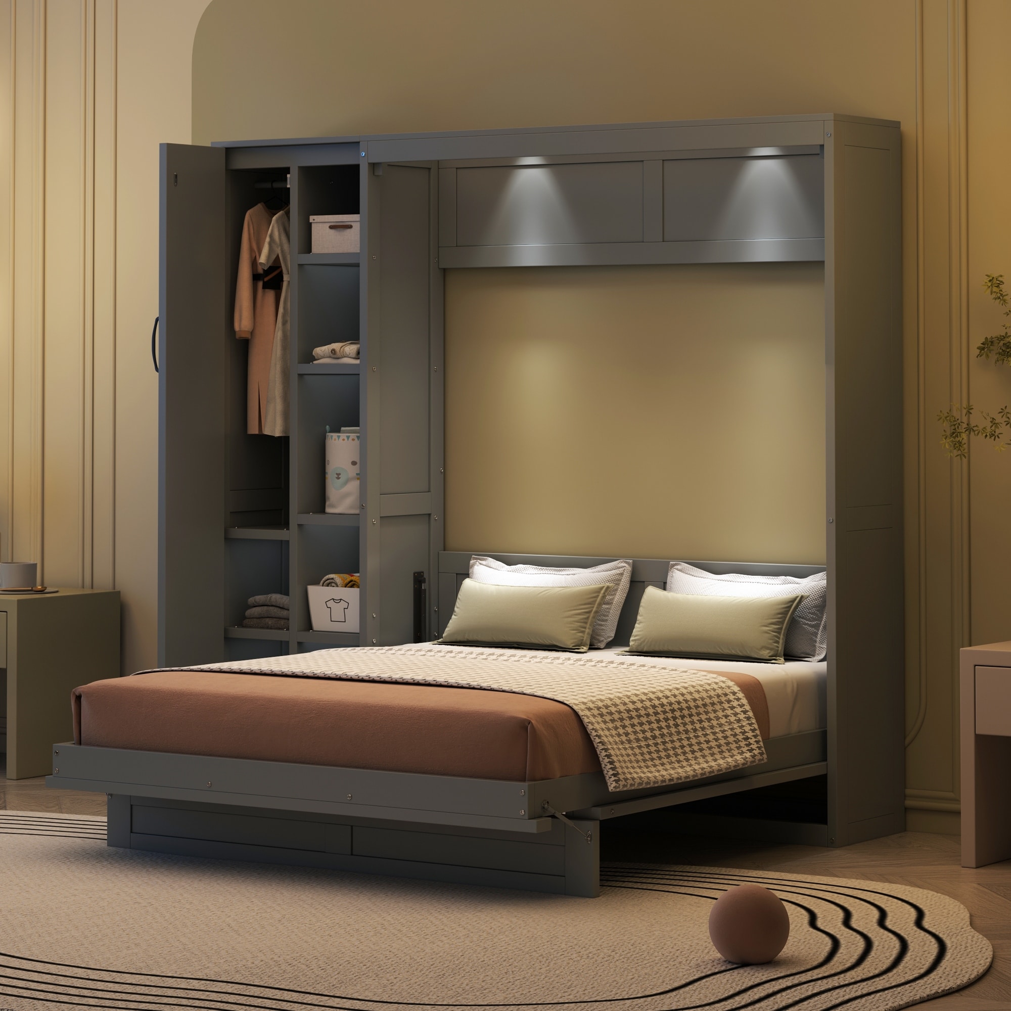 Wooden Murphy Bed, Foldable Wall Bed with Wardrobe and Open Shelves, Hidden Vertical Cabinet Bed Frame, LED Murphy Beds Chest