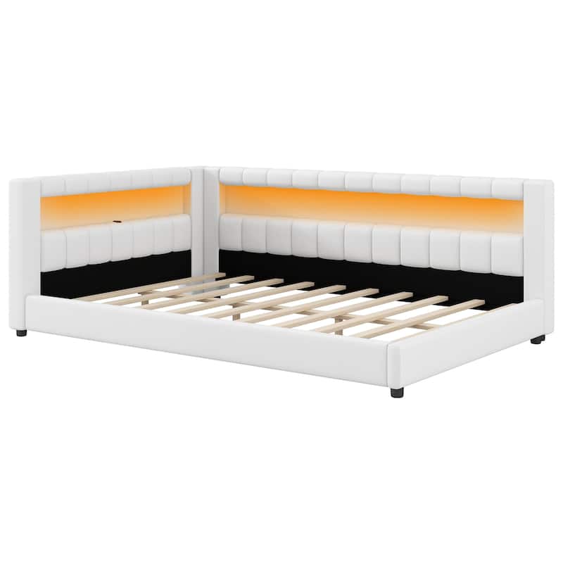 Upholstered Low-Profile Daybed Platform Bed Built-in USB Ports and LED Light Belt, Grounded Design with Padded Backrest