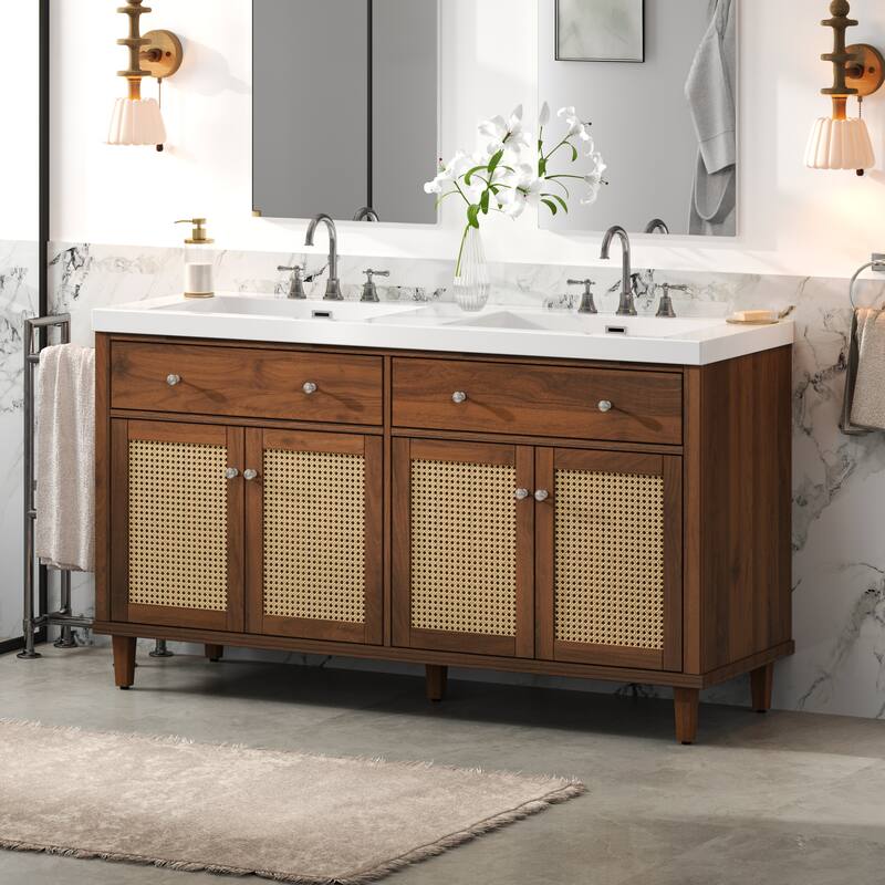 Christopher Knight Home - Bellmere 60" Modern Double Sink Bathroom Vanity with SMC Sink, Soft-Close Storage, and Wood Legs - Brown
