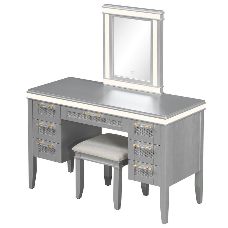 LED Dressing Table & Upholstered Stool Set of 2, 48" Makeup Vanity Desk with Mirror and Lights