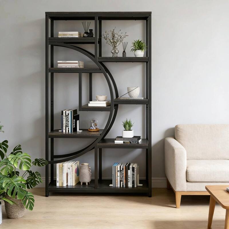 Versatile Freestanding Bookshelf - Geometric Design Display Bookcas - Black+ Gray