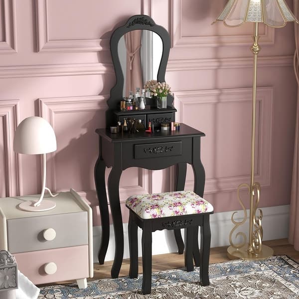 Small Vanity Desk Set, Makeup Vanity Table with Mirror, Cushioned Stool, 3 Storage Drawers, 20 inch Girls Dressing Table - Bed Bath & Beyond - 42387992 Small Vanity Desk Set, Makeup Vanity Table with Mirror, Cushioned Stool, 3 Storage Drawers, 20 inch Girls Dressing Table - Bed Bath & Beyond - 42387992