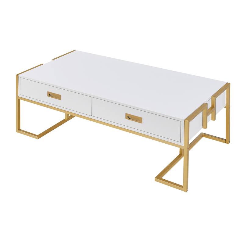 Roomfitters Modern Rectangular Coffee Table with Gold Base, 4 Storage Drawers, High Gloss Finish, 47.3"
