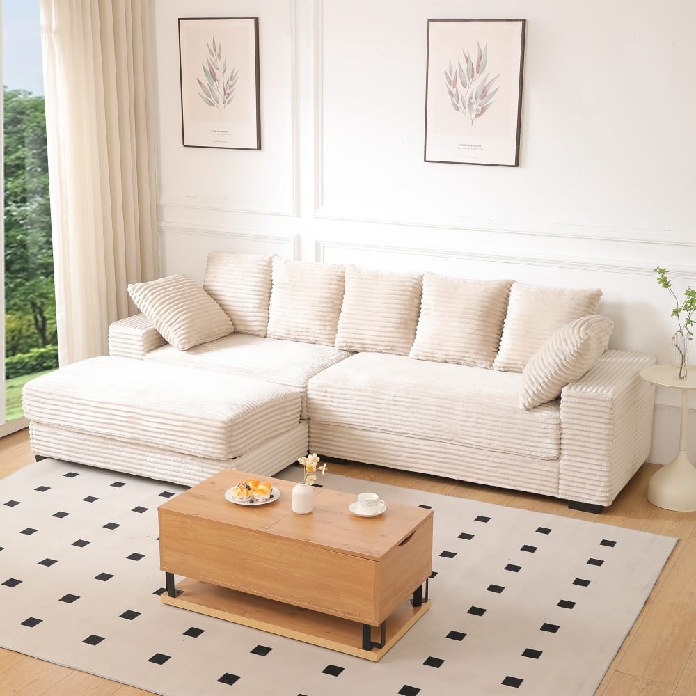 108.66" Thickened Corduroy Sectional Sofa with Storage Ottoman & Throw Pillows