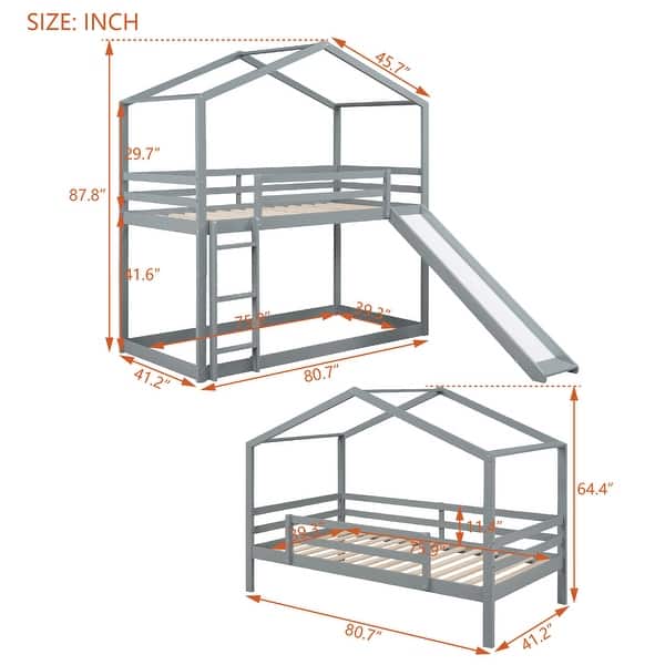dimension image slide 1 of 3, Twin Over Twin Bunk Bed with Roof, Slide & Ladder, Playhouse-Inspired Design, Safe & Fun, Multiple Installation Options, Grey