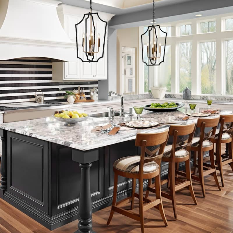 Industrial Farmhouse 4-Light Cage Metal Chandelier Black Gold Pendant Lights for Dining Room