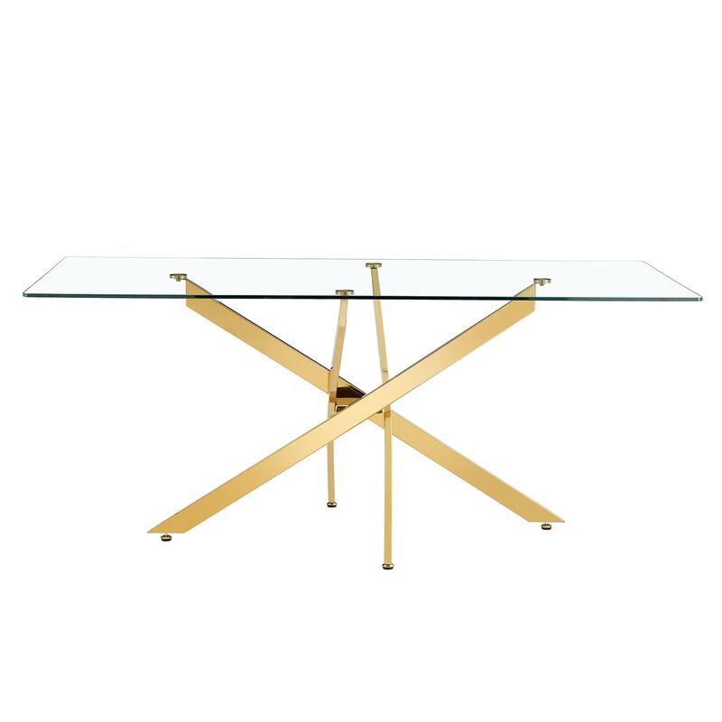 Large Modern Minimalist Rectangular Glass Dining Table with 0.4" Tempered Glass Tabletop and Gold Metal Legs, for 4-6 people