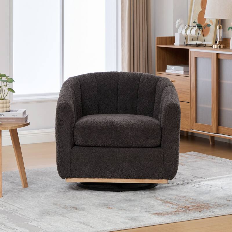 Chenille Upholstered Swivel Barrel Chair, Tufted Pumpkin-Shape Club Armchair, Lounge Reading Chair with Metal Base