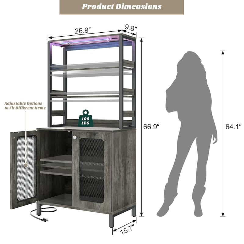 66.9'' Tall Modern Wine Cabinet Bar Cabinet with Wine Glasses Rack and LED Strip and Power Outlets