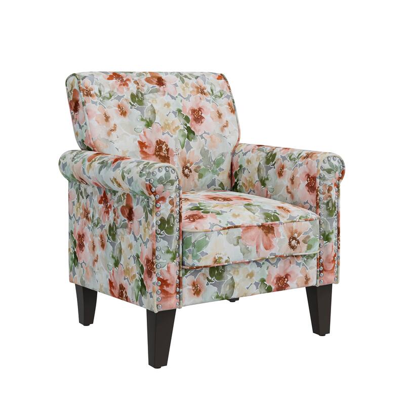 Herve Traditional Rolled Arm Accent Chair with Pewter Nailheads - Orange and Green Floral