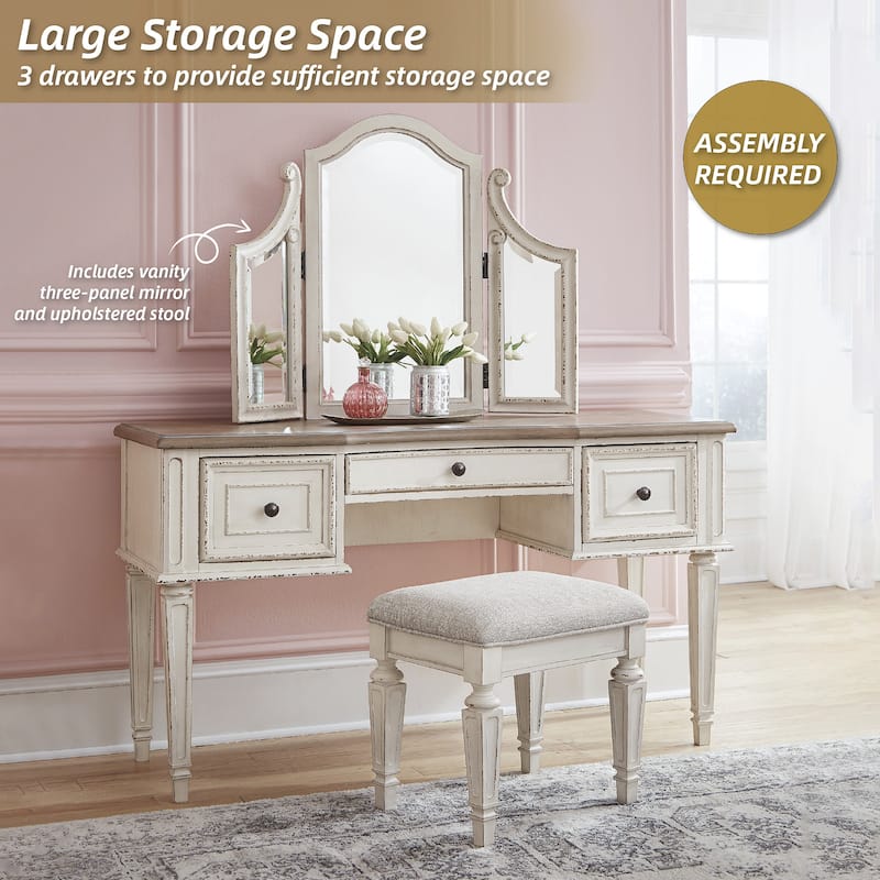 Signature Design by Ashley Nettle Bank Chipped White 3-piece Vanity Mirror Stool Set - 54" W x 18" D x 59.38" H - White/Brown