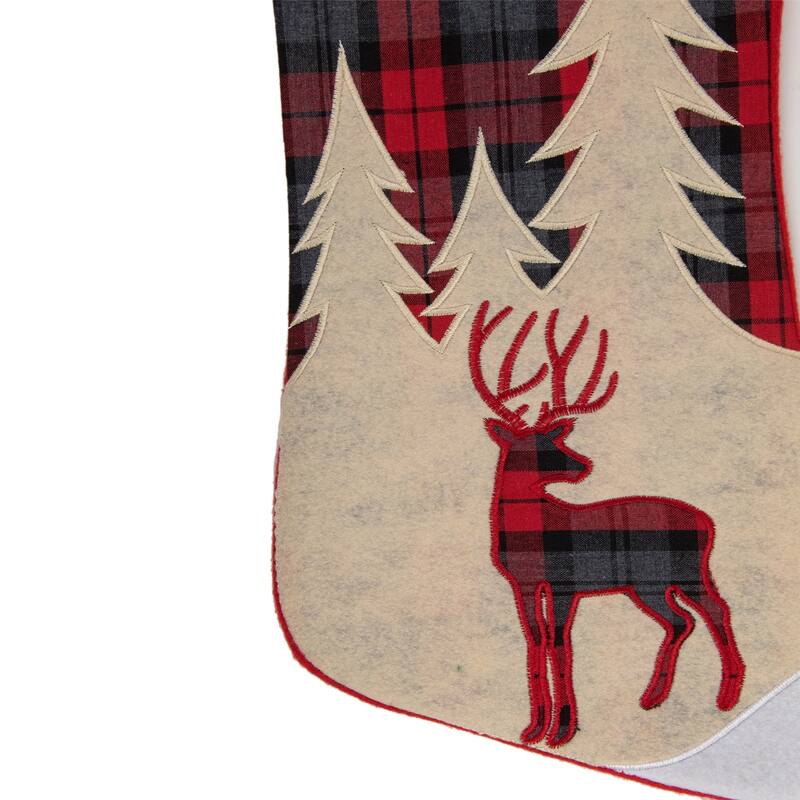 19" Green and Red Plaid Reindeer With Forest Trees Christmas Stocking