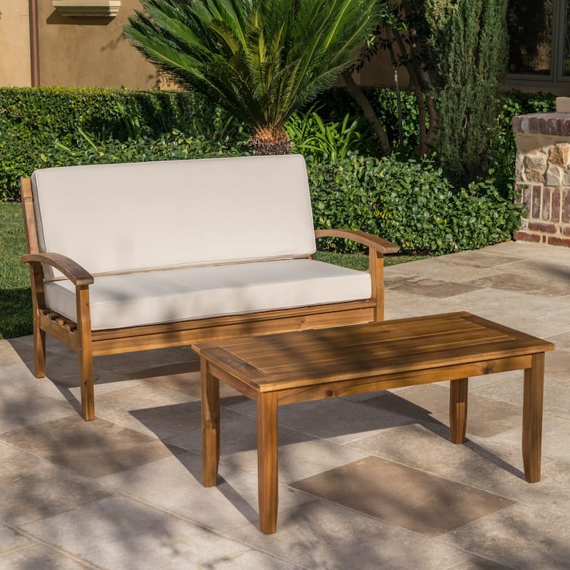 Outdoor Acacia Wood Loveseat and Coffee Table Set with Water-Resistant Cushions - Patio Seating for Garden or Balcony