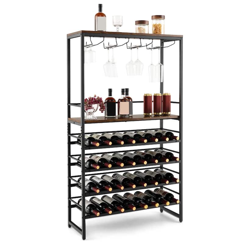 Gymax 32 Bottles Wine Rack Rustic Wine Storage Holder Freestanding W/ - Brown, Black