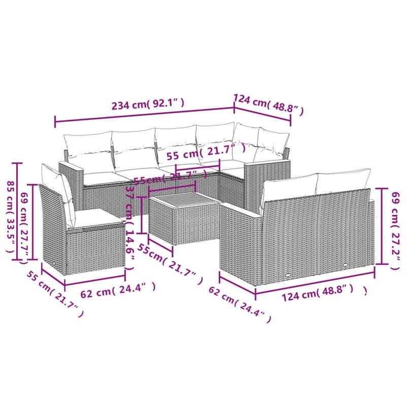 vidaXL Patio Sofa Set with Cushions Outdoor Conversation Furniture Poly Rattan - 24.4 x 24.4 x 27.2 in