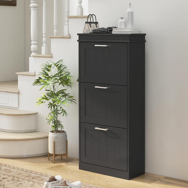 HOMCOM Shoe Cabinet for Entryway, Narrow Shoe Rack Storage Organizer with 3 Flip Drawers and Adjustable Shelves - Black